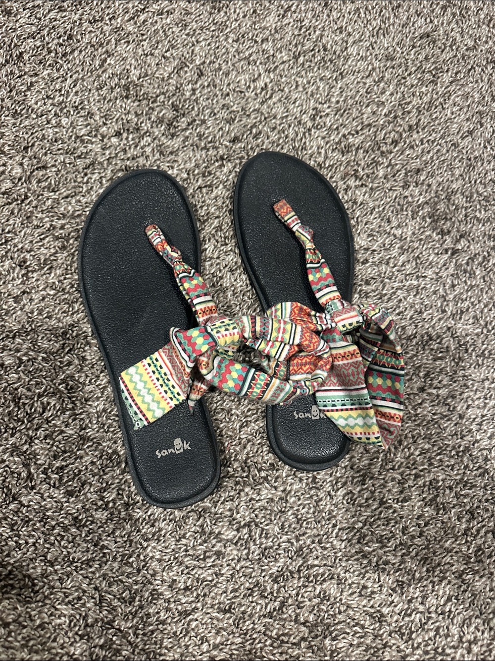 Sanuk Black Flip Sandal with Multicolor Aztec Fabric Straps